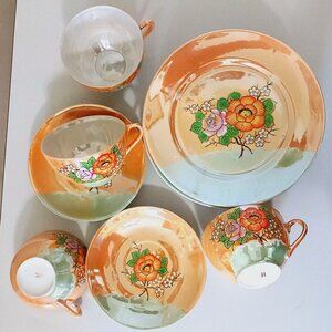 Vintage Japanese Lusterware Rose Tea Cups Saucers Plates Opalescent Peach Green